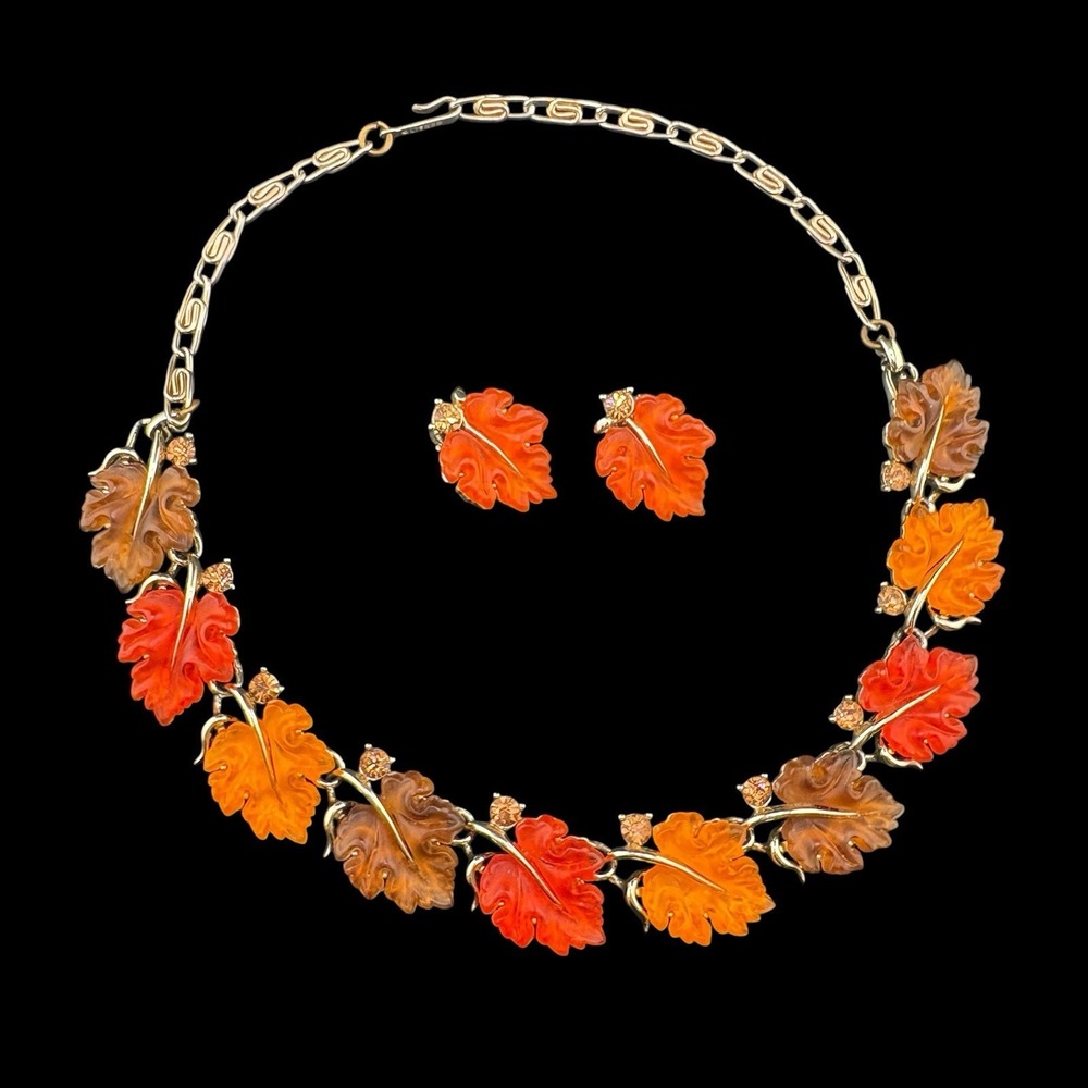 Lisner Thermoset Autumn Leaves Necklace Earrings Set Silver Tone Rhinestone 50s